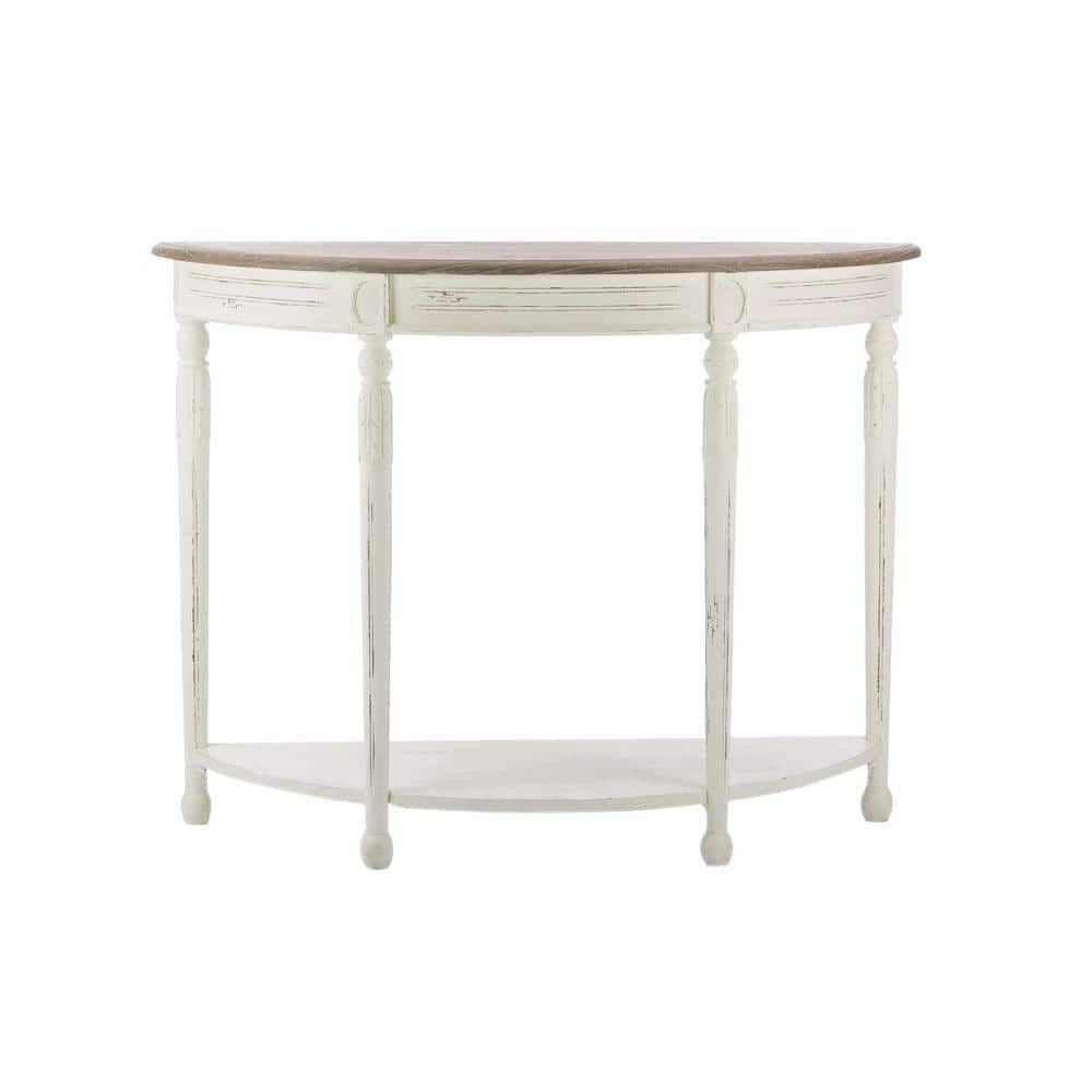Antique White and Natural Wood Demilune Console Table with Storage