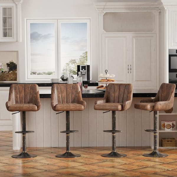 Metal Bar Stools (Set of 4) Adjustable Swivel Counter Stools with Back, Brown Faux Leather Bar Chairs for Kitchen Island