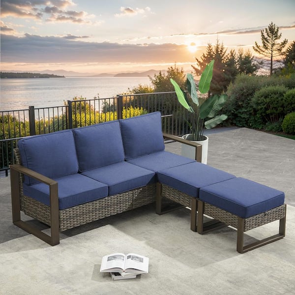 3-Piece Gray Wicker Outdoor Couch Patio Conversation Set with Olefin Blue Cushions and Ottomans