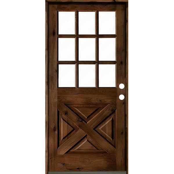 Krosswood Doors 32 in. x 80 in. Knotty Alder Left-Hand/Inswing X-Panel 1/2 Lite Clear Glass Provincial Stain Wood Prehung Front Door