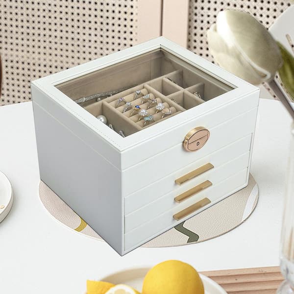 IHOMEadore 9.1 in. x 7.9 in. x 6.5 in. White 3-Layer Jewelry Box Jewelry Storage Organizer with Glass Lid