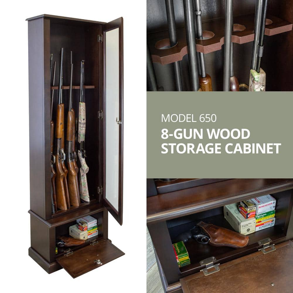 Dark Brown Solid Wood 8-Gun Display Cabinet with Locking Glass Door