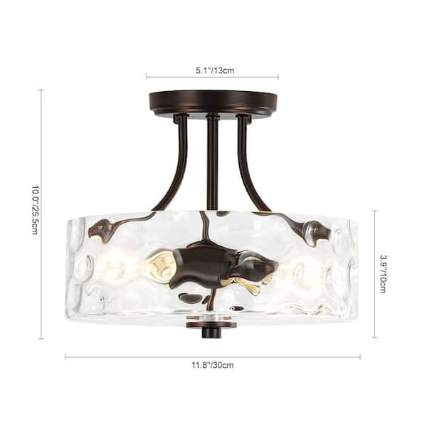 Lumin 2-Light 11.8 in.W Oil Rubbed Bronze Semi Flush Mount Modern Drum with Hammered Water Glass for Kitchen/Hallway
