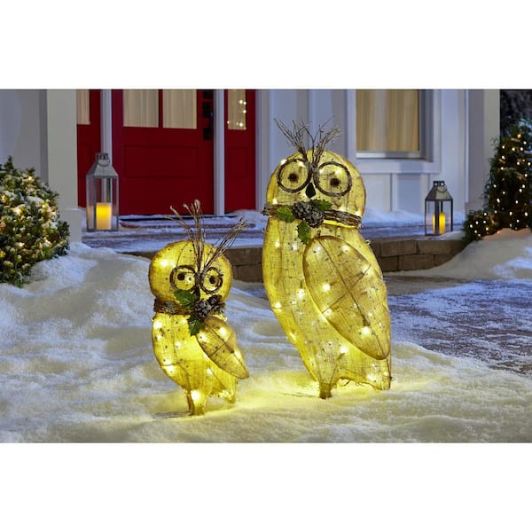 Pre-Lit Burlap Owl Family (Set of 2)