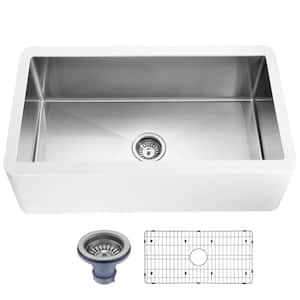 Nepal Matte White Solid Surface 33 in. Single Bowl Farmhouse Apron Kitchen Sink with Stainless Steel Interior