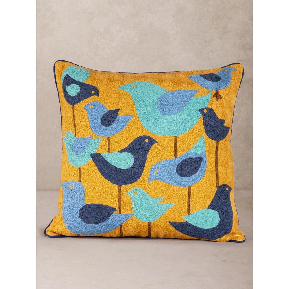 Aloha Mustard and Blue Embroidered Cotton Wool Throw Pillow 20"