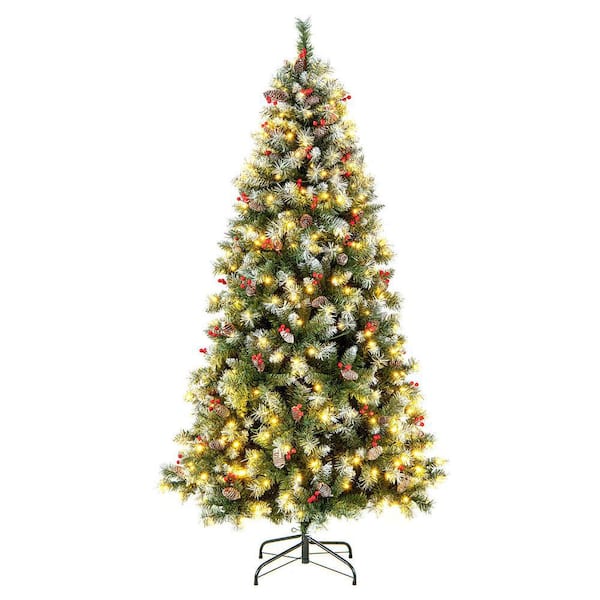 ANGELES HOME 6.5 ft.Green and White Hinged Christmas Tree with 909 PVC Branch Tips and 420 Warm White LED Lights
