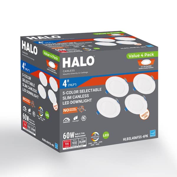 HLBSL 4 in. Can Less Integrated LED, 600 Lumens, 5CCT, White (4-Pack)