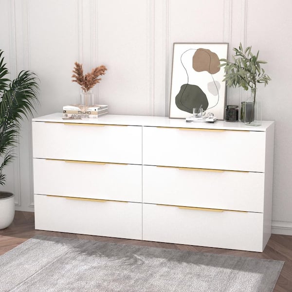 FUFU&GAGA 6-Drawers White Wood Chest of Drawers Storage Cabinet Dresser Vanity Sideboard Organizer 63 W x 15.7 D x 31 H in.