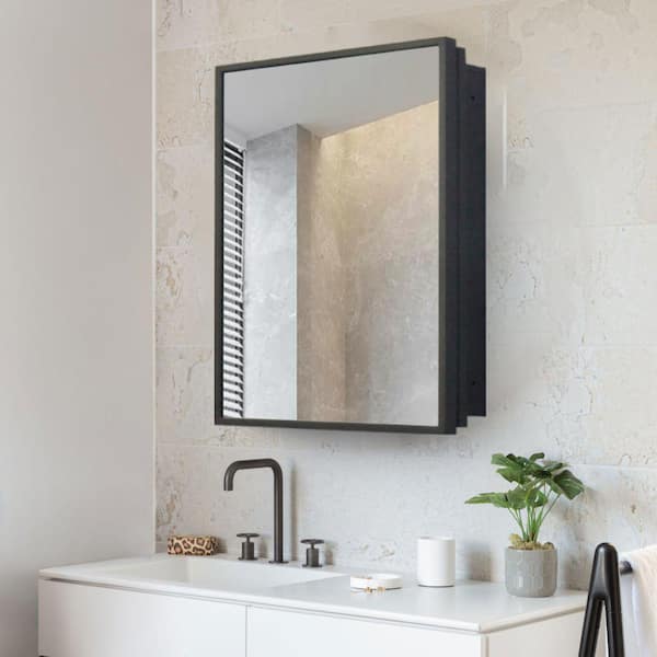 Cesicia 16 in. W x 24 in. H Rectangular Black Iron Medicine Cabinet with Mirror