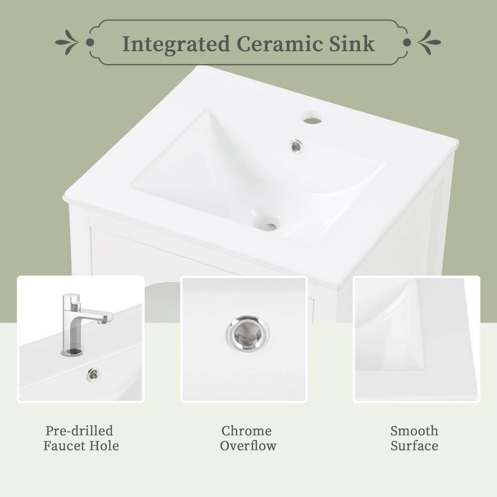 White 20" Freestanding Bathroom Vanity with Ceramic Sink and Glass Door