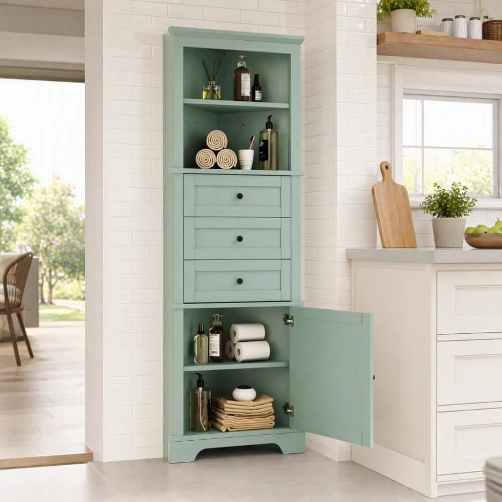 23 in.W x 13.4 in.D x 68.9 in.H Green MDF Tall Bathroom Triangle Linen Cabinet with 3 Drawers Adjustable Shelves