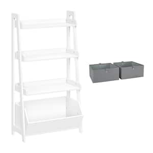 24 in. Wide Kids 4-Tier Ladder Shelf with Toy Organizer and 2 Gray Bins
