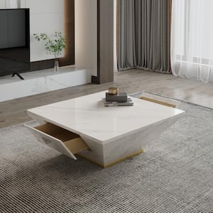 35.43 in.White Square Modern Trapezoid Marble Drum Coffee Table