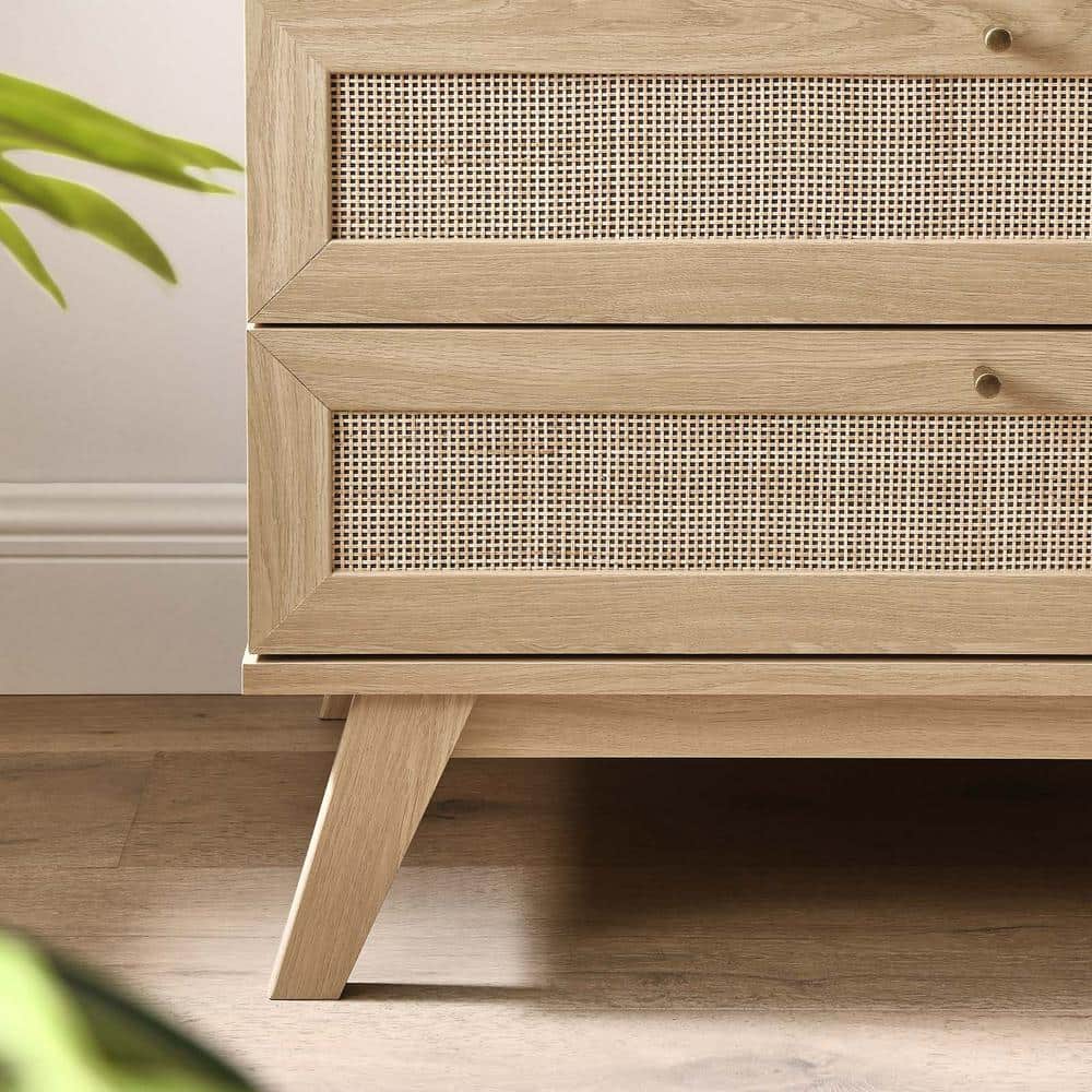 Coastal Charm Oak 3-Drawer Dresser with Rattan Weave
