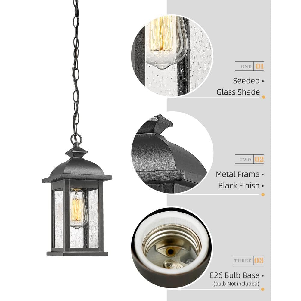 Matte Black Medium Outdoor Lantern Pendant with Seeded Glass