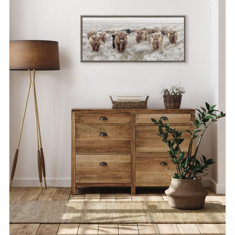 Herd of Highland Cows Gray Canvas Print with Polystyrene Frame