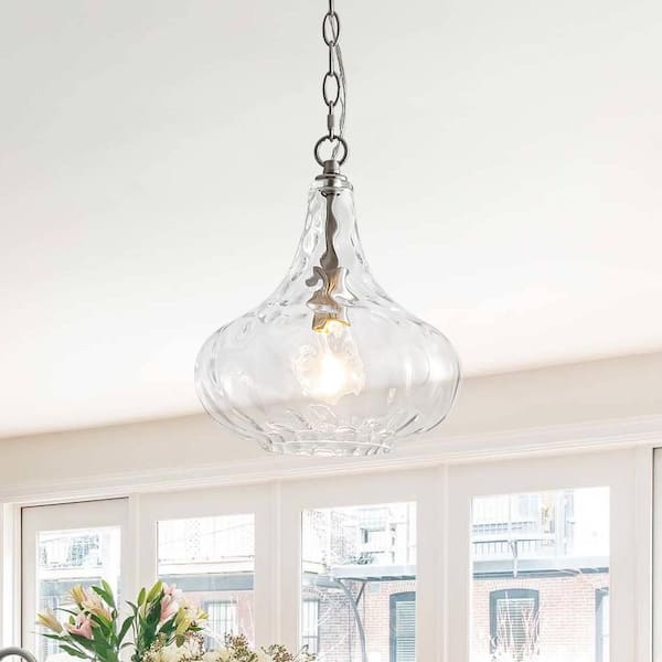 Luckyday 1-Light 11 in.W Brushed Nickel Modern Oval Pendant Light Kitchen Island Hanging Light with Hammered Water Glass