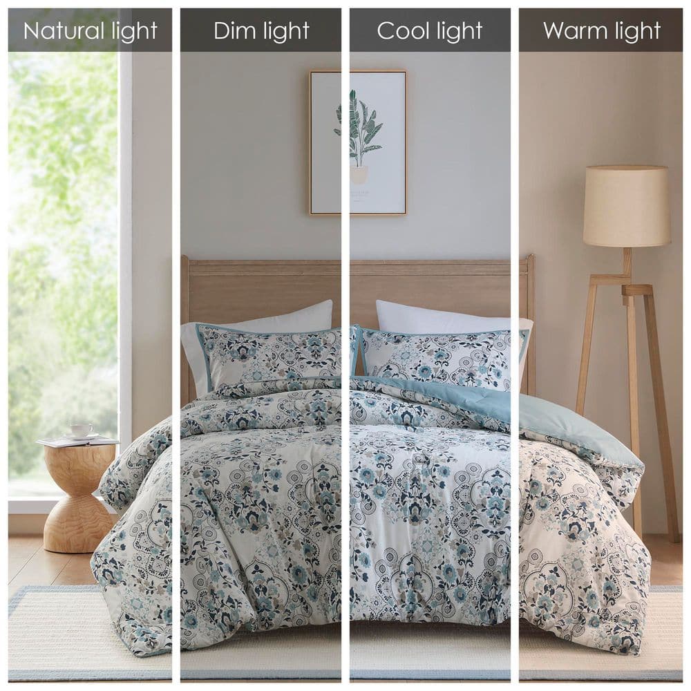 Blue Floral Cotton Down Alternative Comforter Set, Full