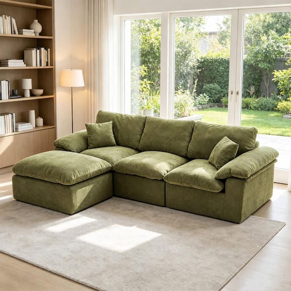 Modern 102.3 in. Chenille Upholstered L-Shaped Modular Compressed Sectional Sofa in Green with Ottoman and Pillows