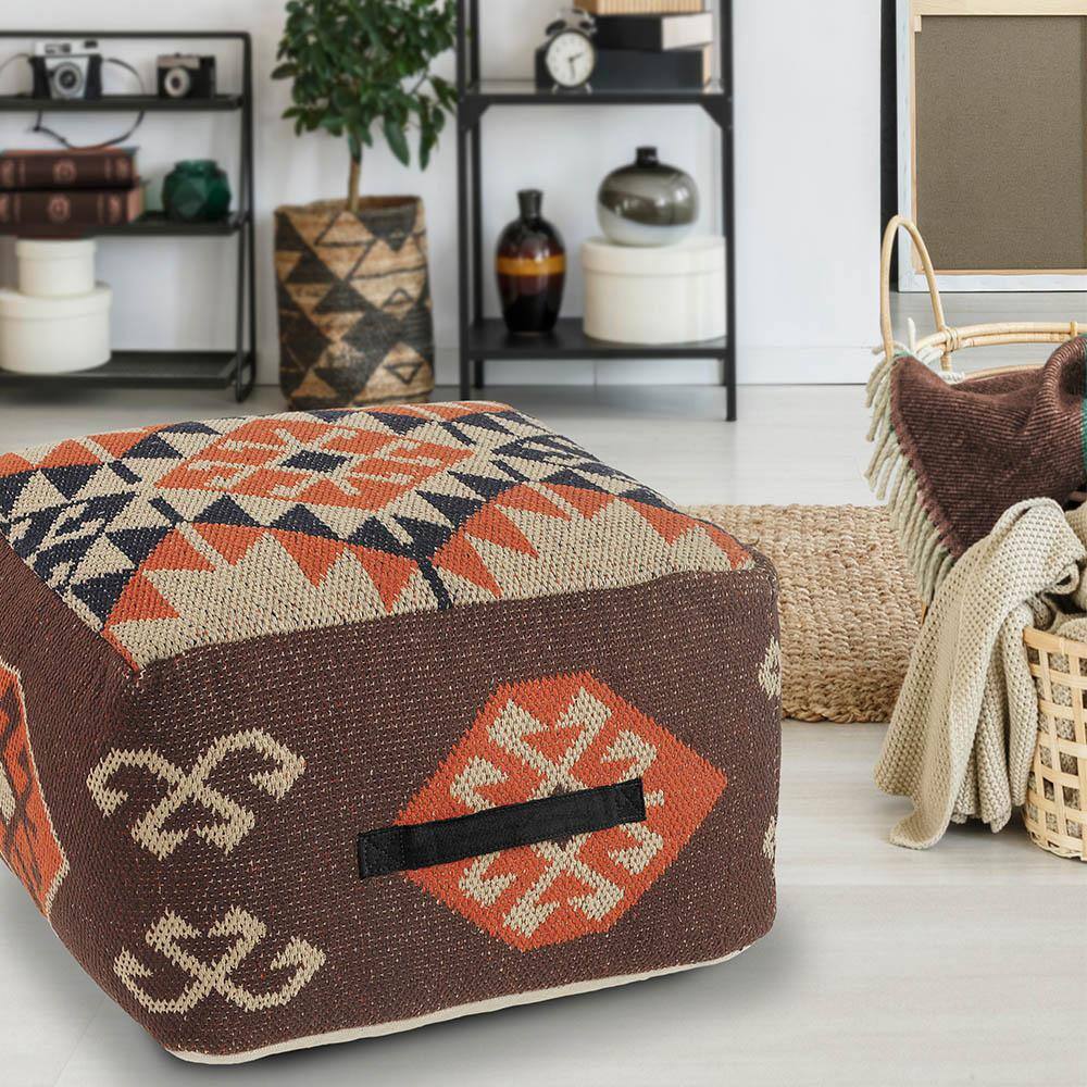 Southwestern Brown and Orange Cotton Square Pouf