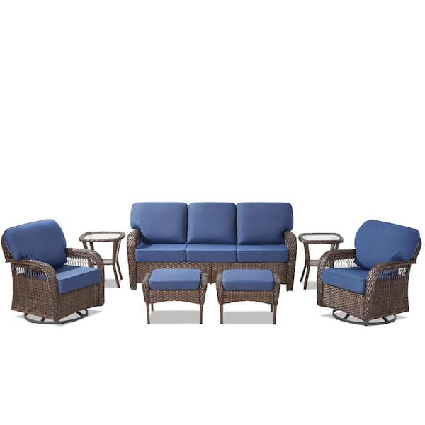 Buenaola Brown 7-Piece Wicker Patio Conversation Set with Swivel Rocking Chair, Outdoor Couch Seating Set with Blue Cushion