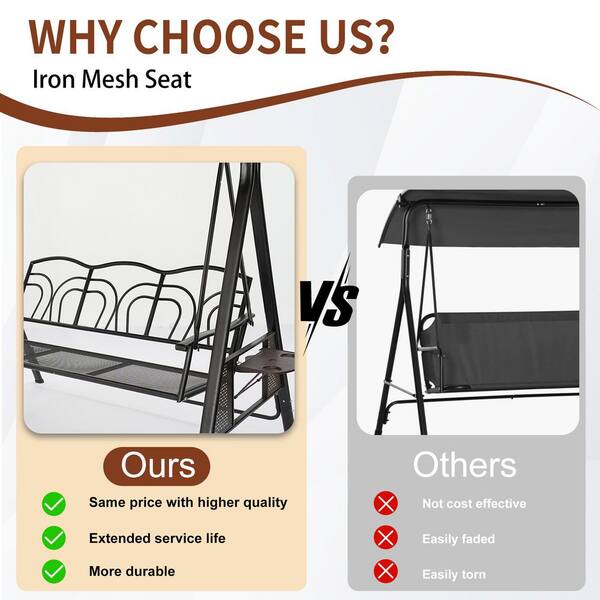 Clihome 3-Person Metal Outdoor Patio Swing with Convertible Canopy