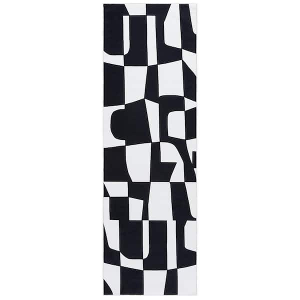 Malibu Ivory/Black 3 ft. x 8 ft. Machine Washable Modern Geometric Abstract Runner Rug
