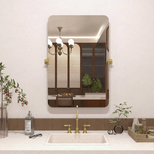 TaiMei Angulus 24 in. W x 36 in. H Rectangular Framed Tilt Wall Mount Bathroom Vanity Mirror in Brushed Gold