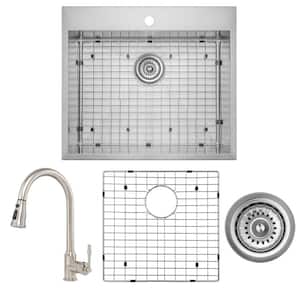 Handmade All-in-One Drop-in Stainless Steel 25 in. x 22 in. Sink Grid Pull-down Faucet 1-hole Single Bowl Kitchen Sink