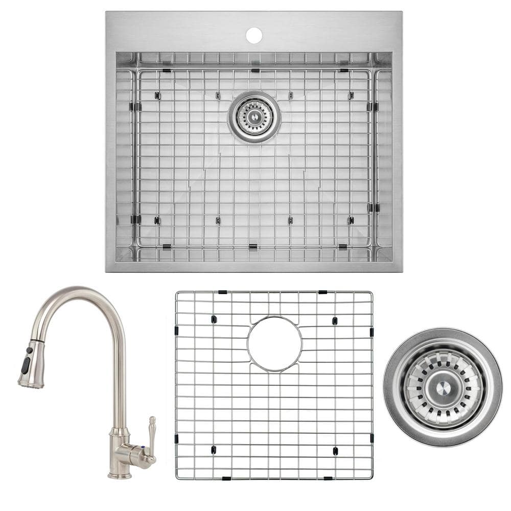 Handmade All-in-One Drop-in Stainless Steel 25 in. x 22 in. Sink Grid Pull-