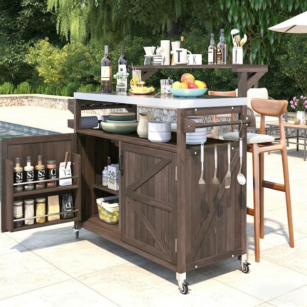 Outdoor Kitchen Island with Stainless Steel Top, Ample Storage Space, Towel and Spice Racks and a Bottle Opener