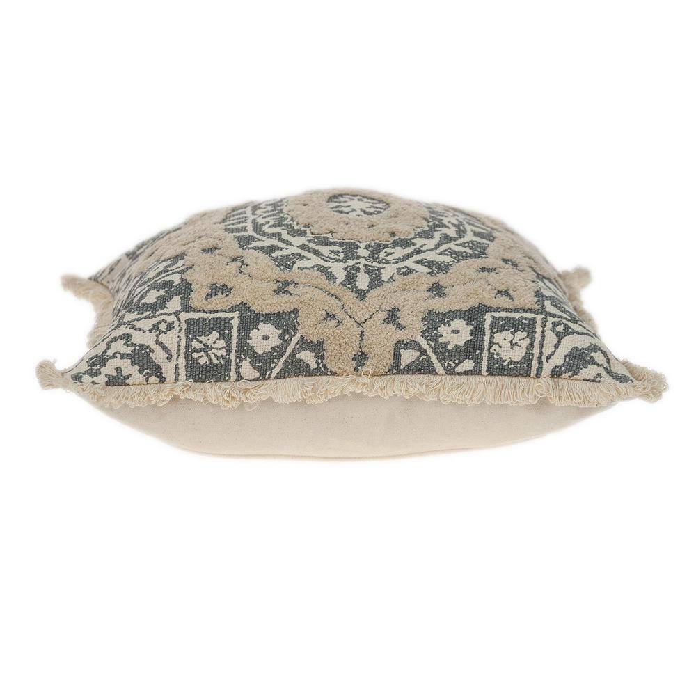 Abu Beige and Gray Embroidered Cotton Square Throw Pillow