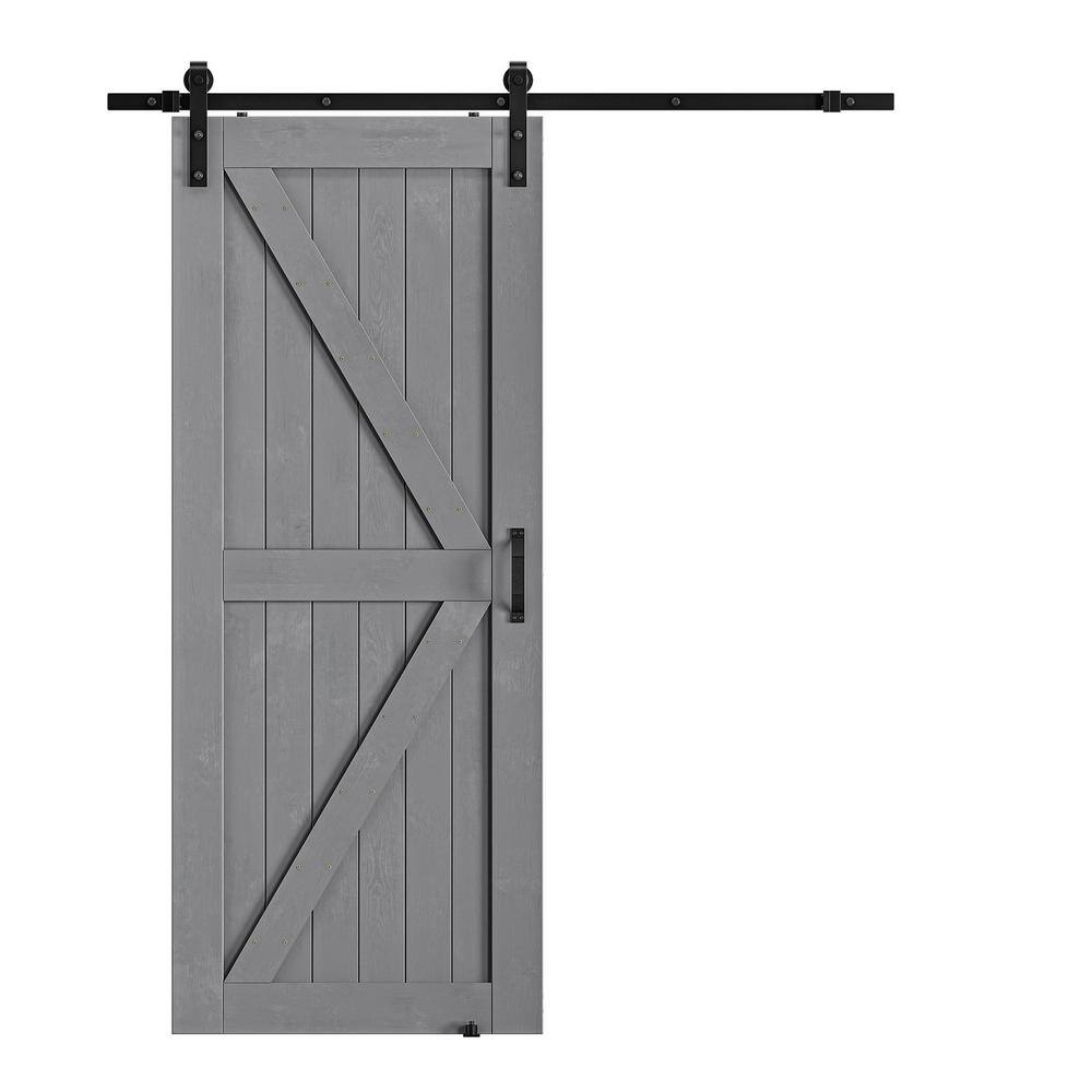 32 in. x 84 in. Grey Wood K-Shaped Natural Solid Finished Interior Sliding 