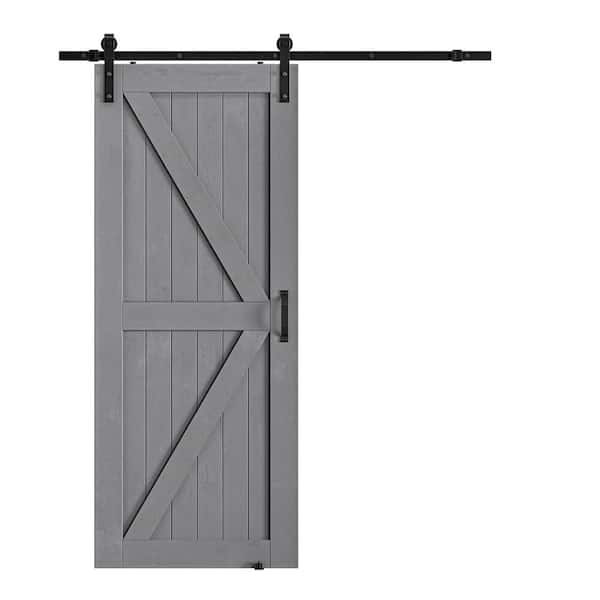 SOCBAZZAR 32 in. x 84 in. Grey Wood K-Shaped Natural Solid Finished Interior Sliding Barn Door with Hardware Kit