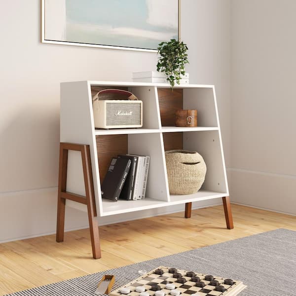 Nathan James Telos Glossy White and Brown 4-Cube Organizer Storage Cabinet with Open Shelves and Angled Design
