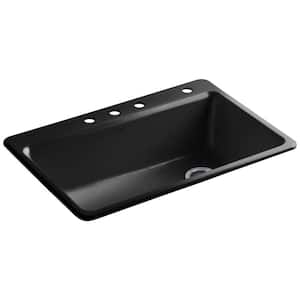 Riverby Drop-In Cast Iron 33 in. 4-Hole Single Bowl Kitchen Sink Kit with Accessories in Black Black