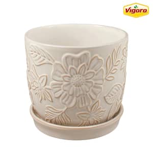 7.2 in. Lorelai Small White Floral Ceramic Pot (7.2 in. D x 6.3 in. H) with Drainage Hole and Attached Saucer