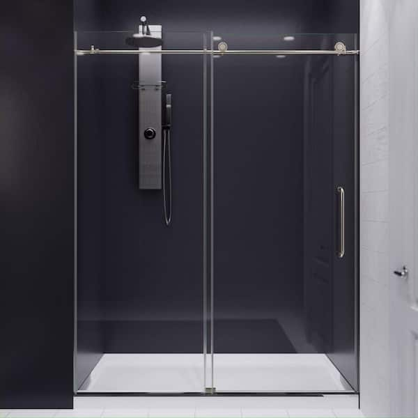 Leon Series 60 in. x 76 in. H Sliding Frameless Shower Door in Brushed Nickel  with Tsunami Guard Tempered Glass