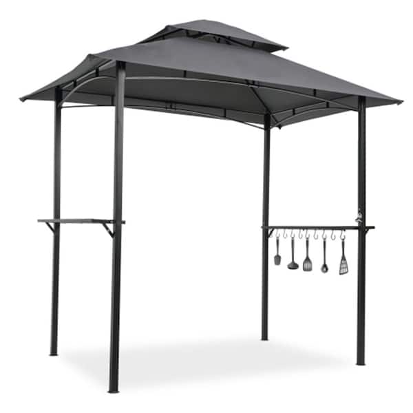 8 ft. x 5 ft. Outdoor Grill Gazebo Black Steel Frame and Gray Double Tier Soft Top Canopy with Hook and Bar Counters