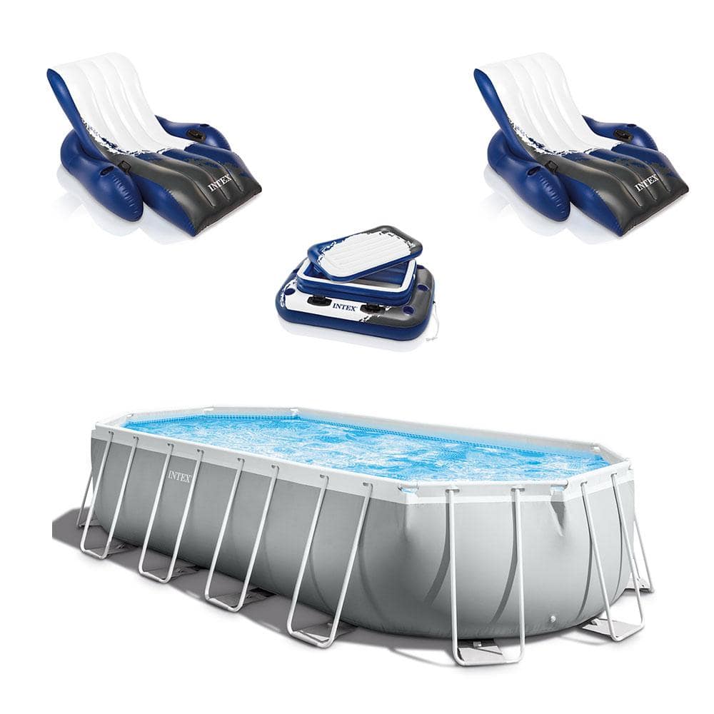 Intex Prism 20 ft. x 10 ft. Oval 48 in. D Metal Pool with Inflatable Loungers (2-Pack) and Inflatable Cooler, Grey -  142019