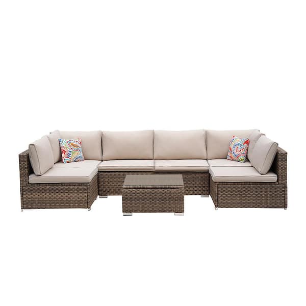 Tenleaf 7--Piece Brown All-Weather PE Wicker Outdoor Sofa Sectional Set with Beige Cushions