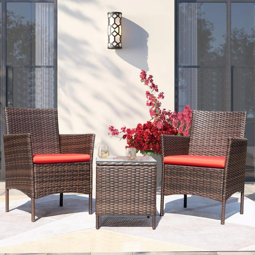 Brown and Red Steel Frame 3-Piece Patio Conversation Set