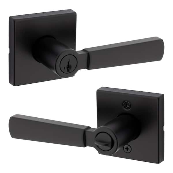 Kwikset Perth Matte Black Reversible Square Straight Keyed Entry Door Handle featuring SmartKey Technology