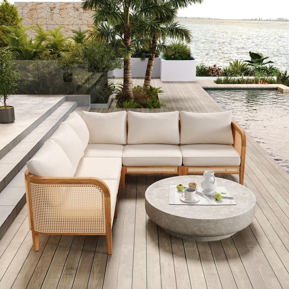 Harrow Modern 5-Piece Patio Teak Finish Solid Wood V-Shape Outdoor Conversation Sectional Sofa Set with Beige Cushions