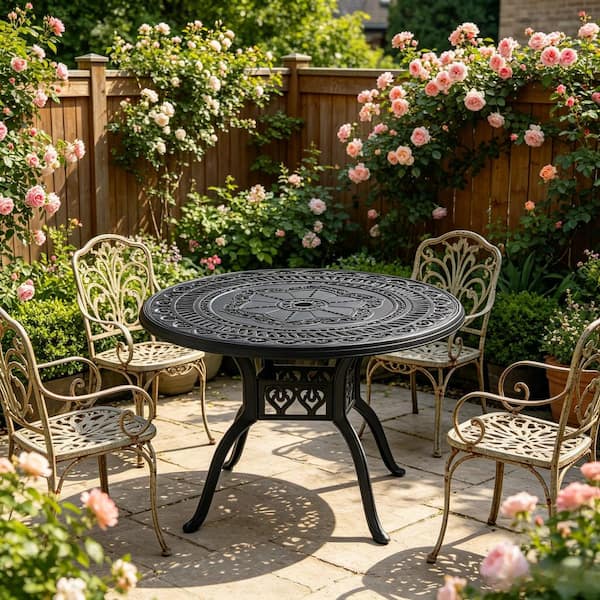 Zeus & Ruta 39.37 in. Black Aluminium Round Outdoor Dining Table
