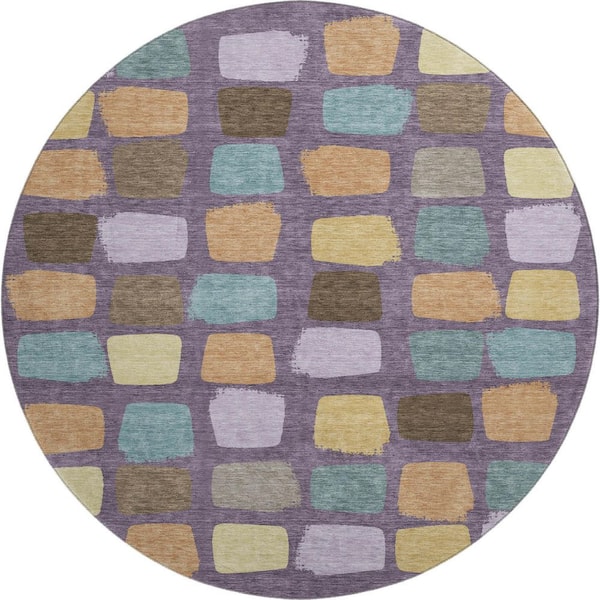 Mayfield Premium Machine Washable Abstract AMF2501 Purple 8 ft. x 8 ft. Round Rug