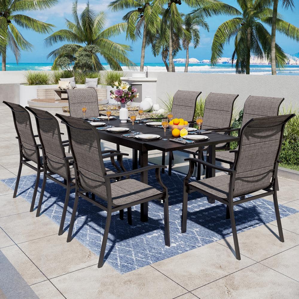 PHI VILLA 9-Piece Metal Outdoor Patio Dining Set with Padded Textilene ...