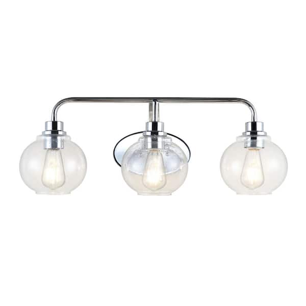 Sandrine 26.25 in. 3-Light Chrome Iron/Seeded Glass Cottage Rustic LED Vanity Light