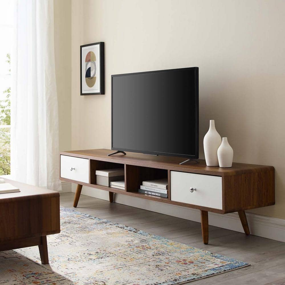 Sleek 70'' Walnut White Media Console with Cabinet Storage